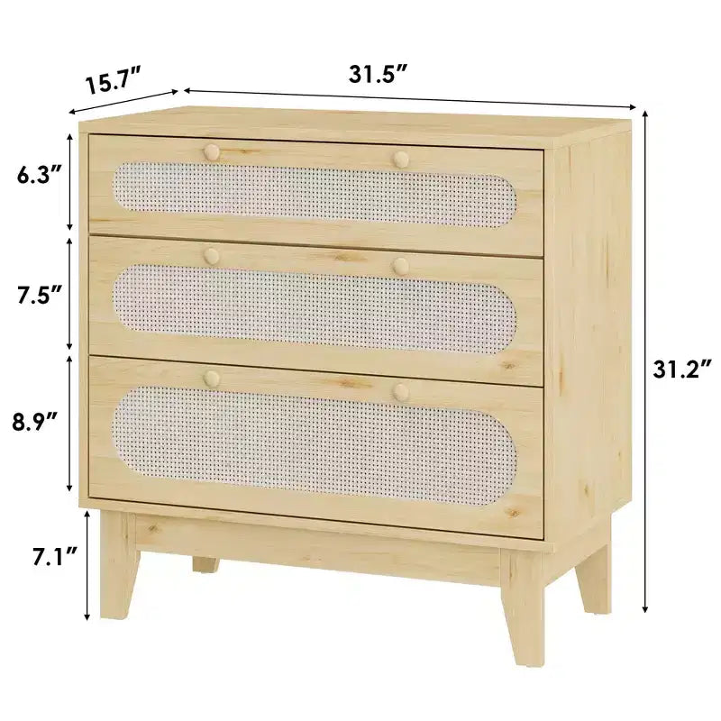Commode 3 tiroirs en rotin – Armoire de rangement moderne en bois avec kit anti-basculement pour chambre à coucher, placard, salon