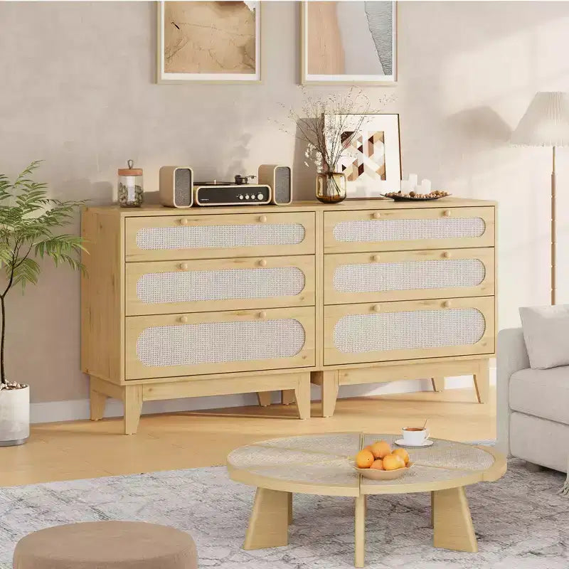 Commode 3 tiroirs en rotin – Armoire de rangement moderne en bois avec kit anti-basculement pour chambre à coucher, placard, salon