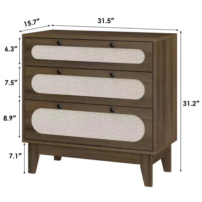 Commode 3 tiroirs en rotin – Armoire de rangement moderne en bois avec kit anti-basculement pour chambre à coucher, placard, salon