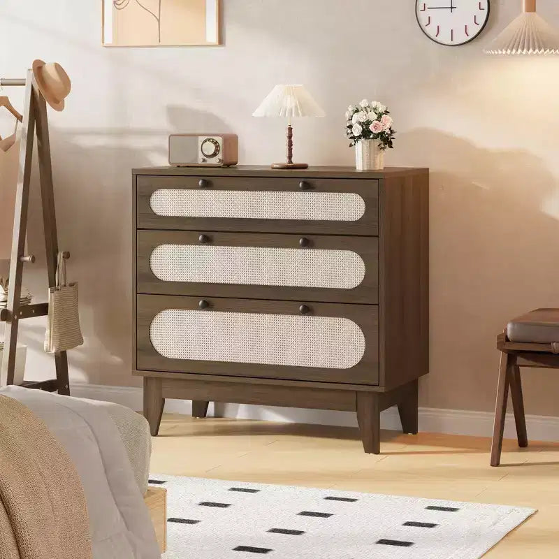 Commode 3 tiroirs en rotin – Armoire de rangement moderne en bois avec kit anti-basculement pour chambre à coucher, placard, salon