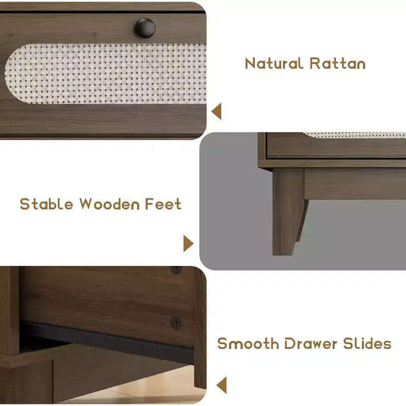 Commode 3 tiroirs en rotin – Armoire de rangement moderne en bois avec kit anti-basculement pour chambre à coucher, placard, salon