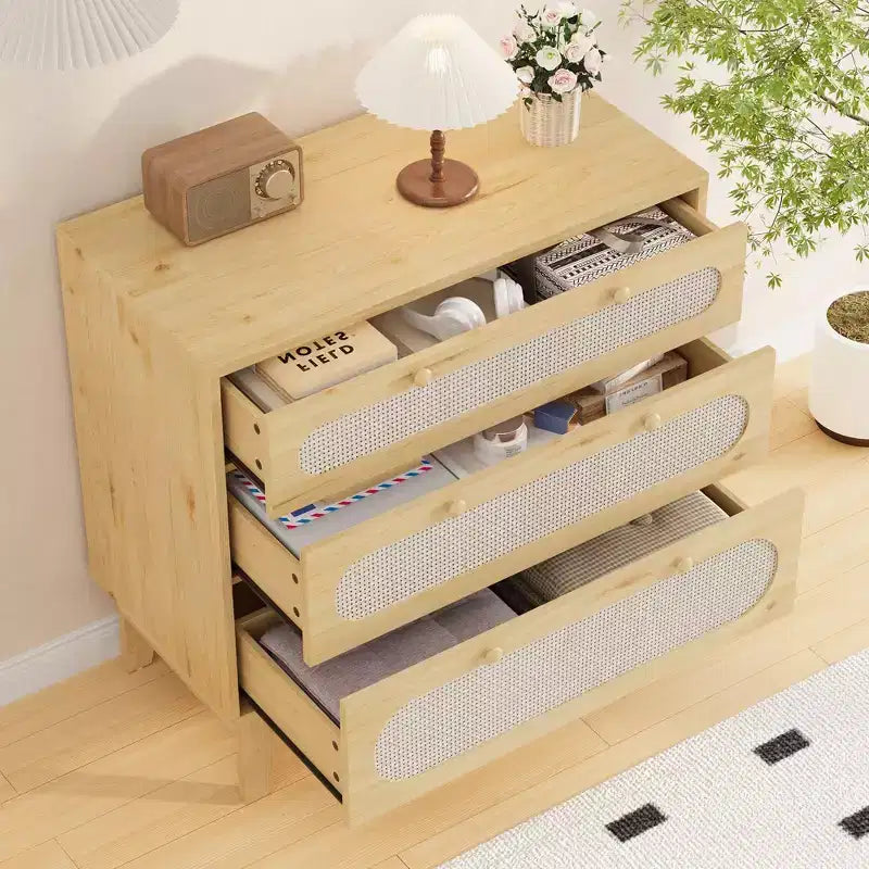 Commode 3 tiroirs en rotin – Armoire de rangement moderne en bois avec kit anti-basculement pour chambre à coucher, placard, salon