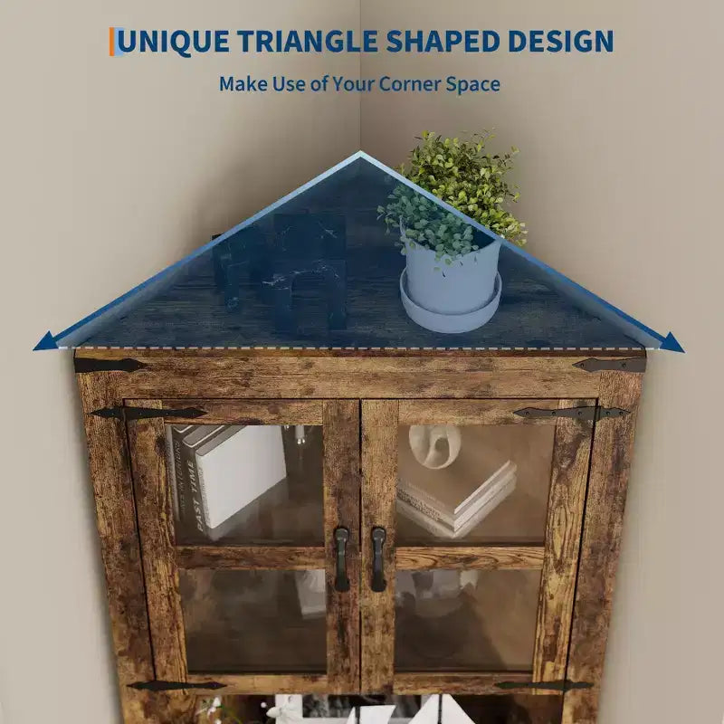 Armoire de rangement d'angle haute 67 po de style rustique avec portes vitrées, Meuble d'angle vitré pour cuisine, salon, salle de bain