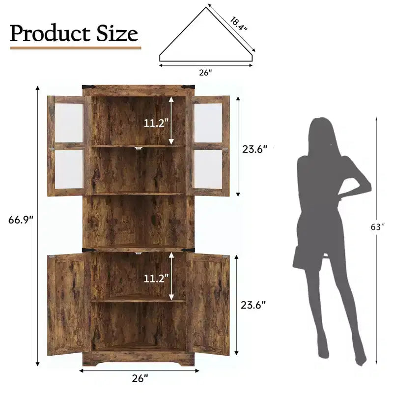 Armoire de rangement d'angle haute 67 po de style rustique avec portes vitrées, Meuble d'angle vitré pour cuisine, salon, salle de bain