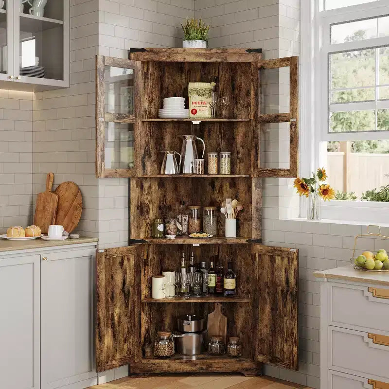 Armoire de rangement d'angle haute 67 po de style rustique avec portes vitrées, Meuble d'angle vitré pour cuisine, salon, salle de bain