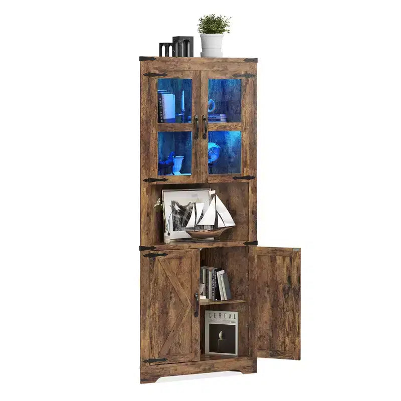 Armoire de rangement d'angle haute 67 po de style rustique avec portes vitrées, Meuble d'angle vitré pour cuisine, salon, salle de bain