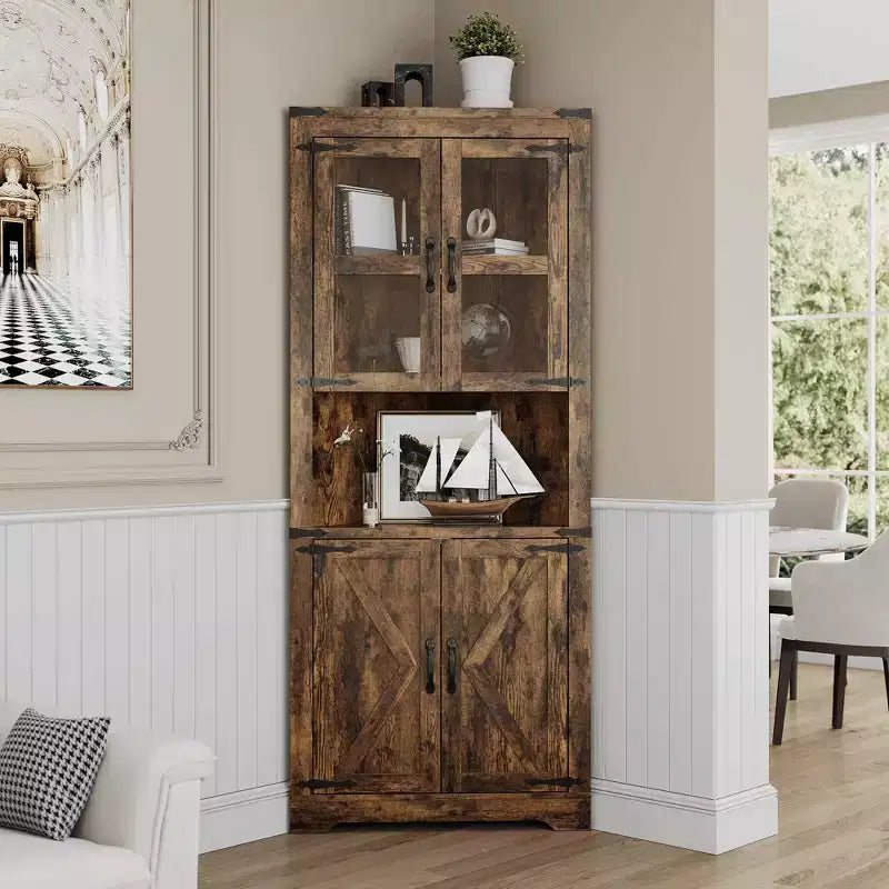Armoire de rangement d'angle haute 67 po de style rustique avec portes vitrées, Meuble d'angle vitré pour cuisine, salon, salle de bain