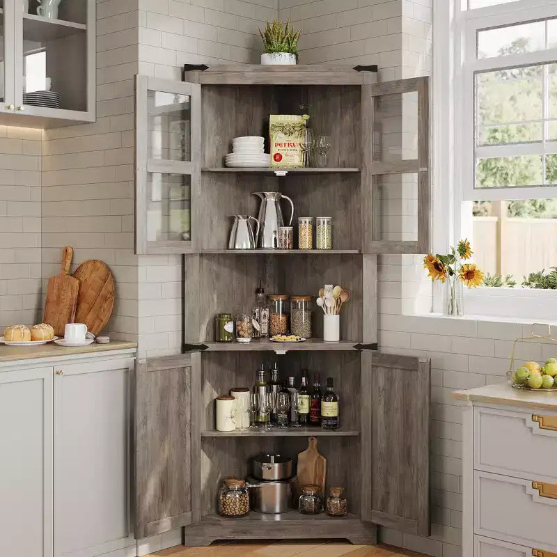Armoire de rangement d'angle haute 67 po de style rustique avec portes vitrées, Meuble d'angle vitré pour cuisine, salon, salle de bain