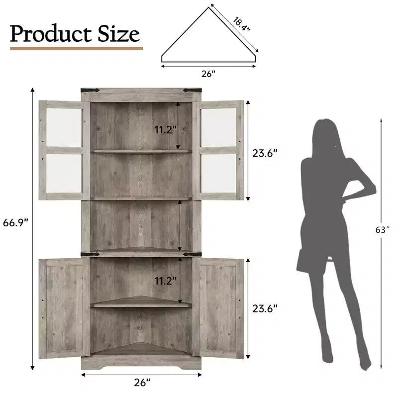 Armoire de rangement d'angle haute 67 po de style rustique avec portes vitrées, Meuble d'angle vitré pour cuisine, salon, salle de bain