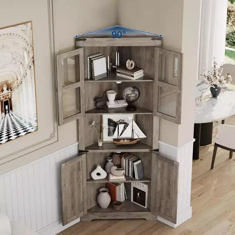 Armoire de rangement d'angle haute 67 po de style rustique avec portes vitrées, Meuble d'angle vitré pour cuisine, salon, salle de bain