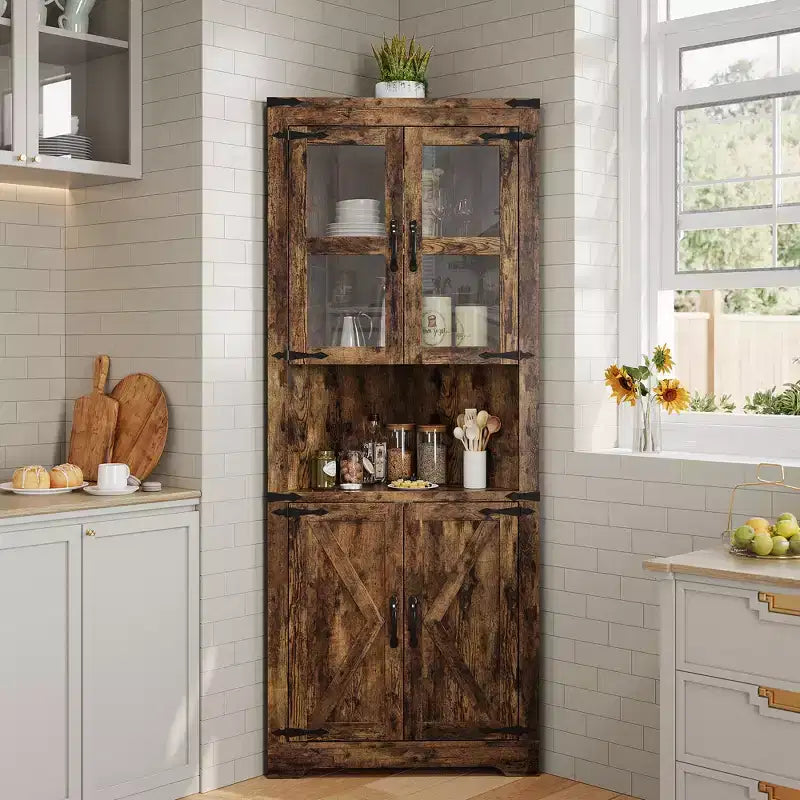 Armoire de rangement d'angle haute 67 po de style rustique avec portes vitrées, Meuble d'angle vitré pour cuisine, salon, salle de bain