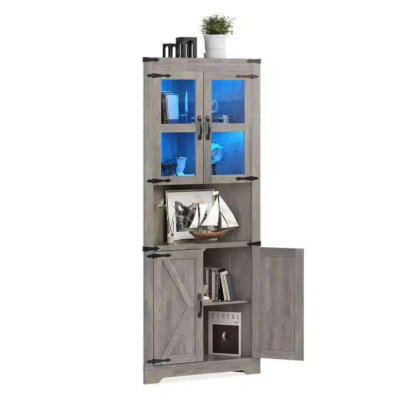 Armoire de rangement d'angle haute 67 po de style rustique avec portes vitrées, Meuble d'angle vitré pour cuisine, salon, salle de bain