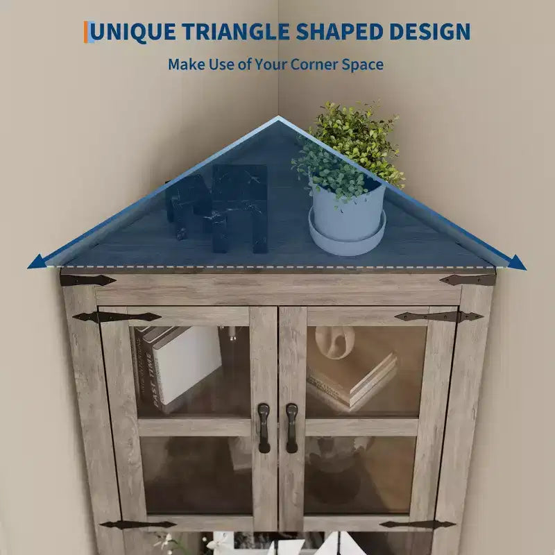Armoire de rangement d'angle haute 67 po de style rustique avec portes vitrées, Meuble d'angle vitré pour cuisine, salon, salle de bain