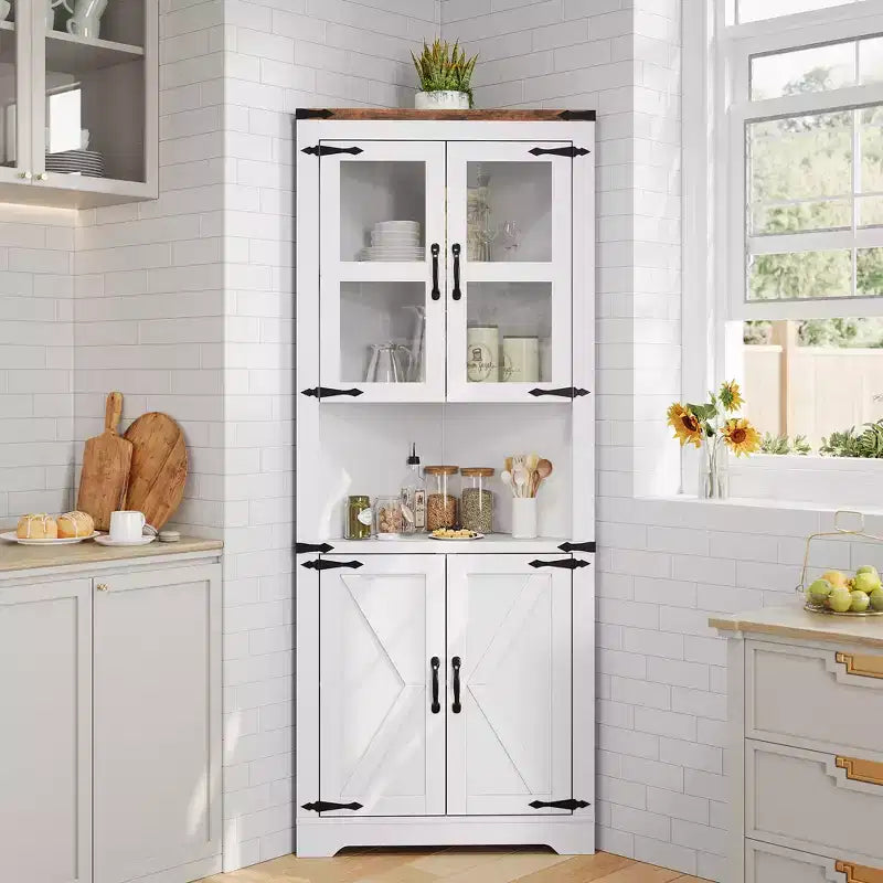 Armoire de rangement d'angle haute 67 po de style rustique avec portes vitrées, Meuble d'angle vitré pour cuisine, salon, salle de bain