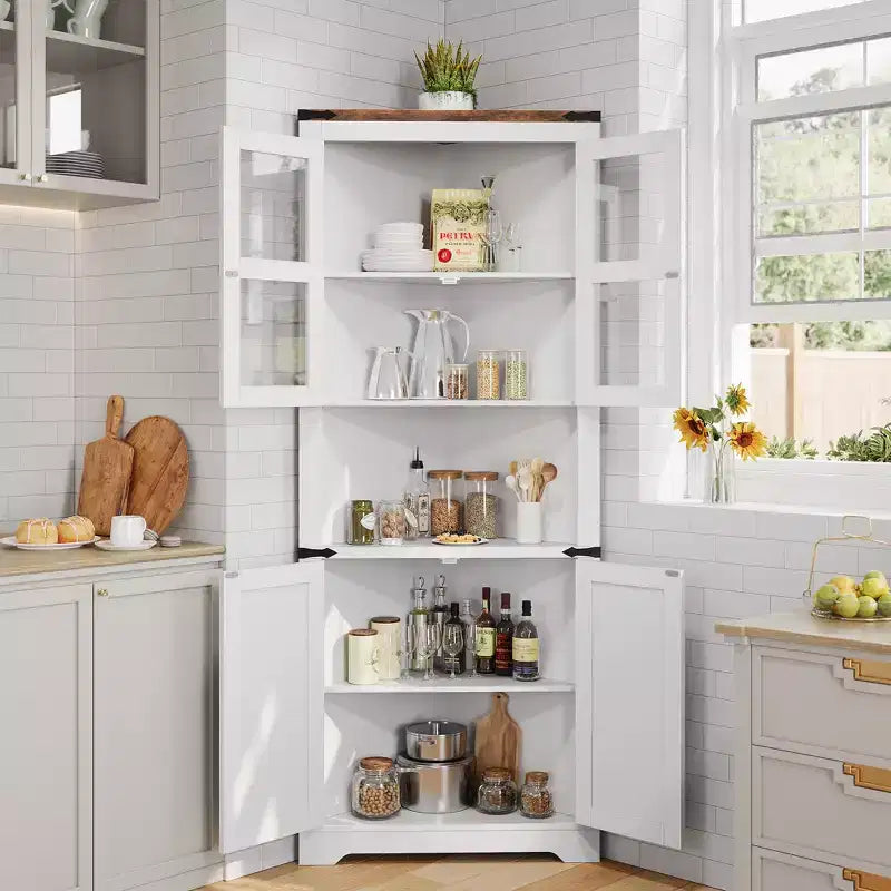 Armoire de rangement d'angle haute 67 po de style rustique avec portes vitrées, Meuble d'angle vitré pour cuisine, salon, salle de bain