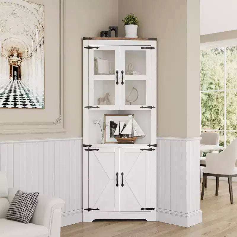 Armoire de rangement d'angle haute 67 po de style rustique avec portes vitrées, Meuble d'angle vitré pour cuisine, salon, salle de bain
