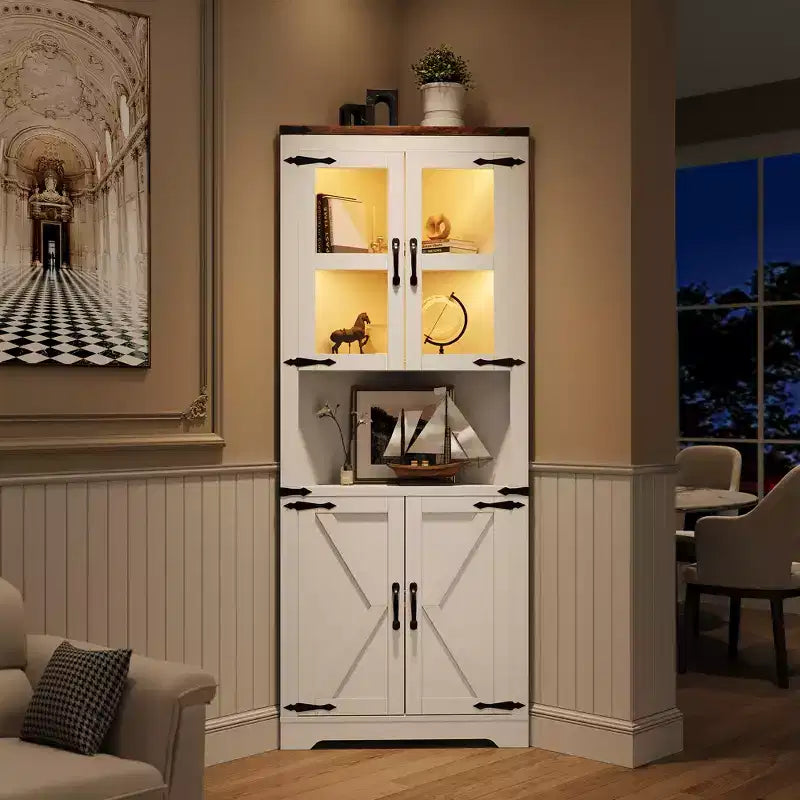 Armoire de rangement d'angle haute 67 po de style rustique avec portes vitrées, Meuble d'angle vitré pour cuisine, salon, salle de bain