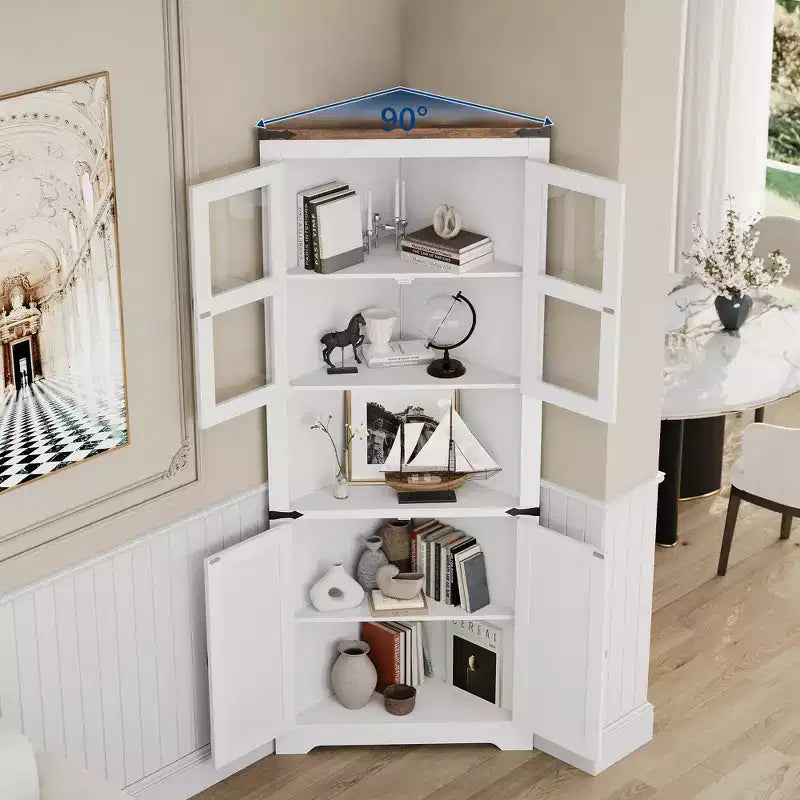 Armoire de rangement d'angle haute 67 po de style rustique avec portes vitrées, Meuble d'angle vitré pour cuisine, salon, salle de bain