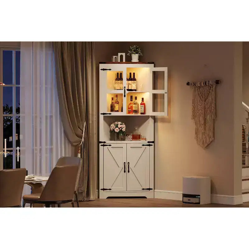 Armoire de rangement d'angle haute 67 po de style rustique avec portes vitrées, Meuble d'angle vitré pour cuisine, salon, salle de bain
