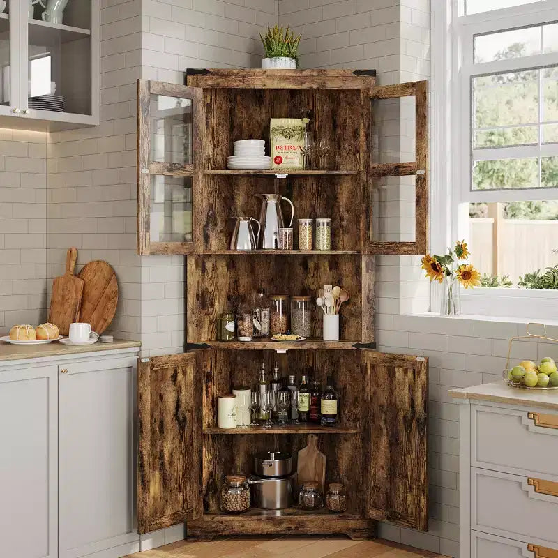Armoire de rangement d'angle haute 67 po de style rustique avec portes vitrées, Meuble d'angle vitré pour cuisine, salon, salle de bain