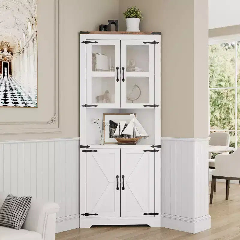 Armoire de rangement d'angle haute 67 po de style rustique avec portes vitrées, Meuble d'angle vitré pour cuisine, salon, salle de bain