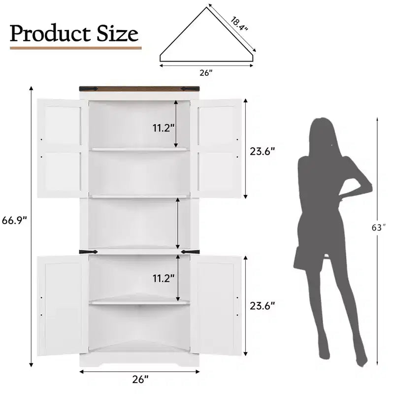 Armoire de rangement d'angle haute 67 po de style rustique avec portes vitrées, Meuble d'angle vitré pour cuisine, salon, salle de bain