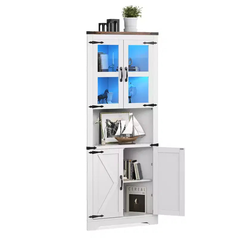 Armoire de rangement d'angle haute 67 po de style rustique avec portes vitrées, Meuble d'angle vitré pour cuisine, salon, salle de bain