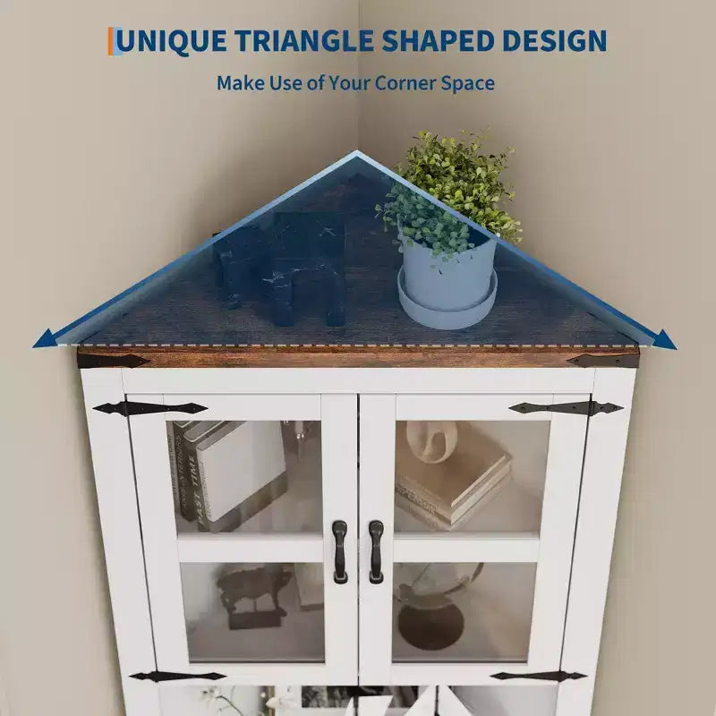 Armoire de rangement d'angle haute 67 po de style rustique avec portes vitrées, Meuble d'angle vitré pour cuisine, salon, salle de bain