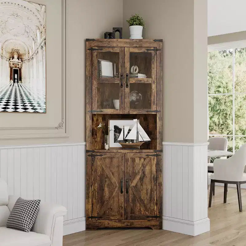 Armoire de rangement d'angle haute 67 po de style rustique avec portes vitrées, Meuble d'angle vitré pour cuisine, salon, salle de bain