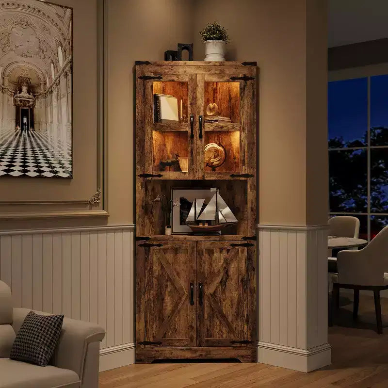 Armoire de rangement d'angle haute 67 po de style rustique avec portes vitrées, Meuble d'angle vitré pour cuisine, salon, salle de bain