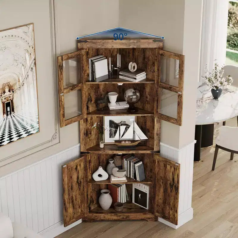 Armoire de rangement d'angle haute 67 po de style rustique avec portes vitrées, Meuble d'angle vitré pour cuisine, salon, salle de bain
