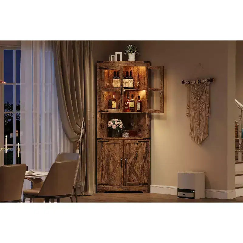 Armoire de rangement d'angle haute 67 po de style rustique avec portes vitrées, Meuble d'angle vitré pour cuisine, salon, salle de bain