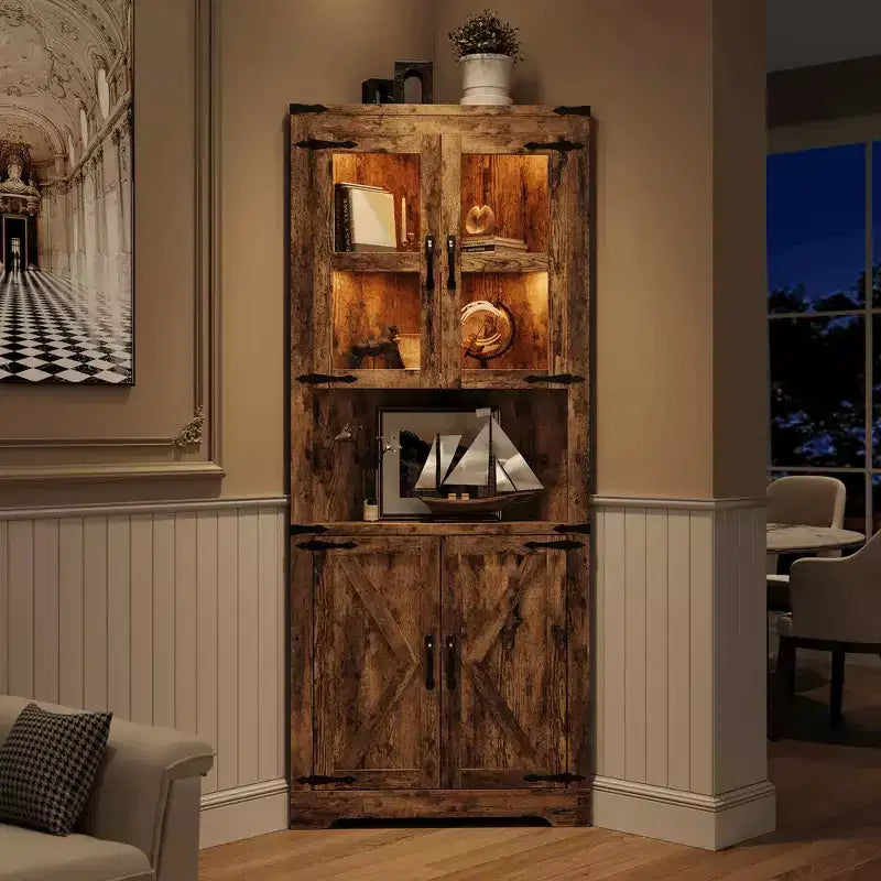 Armoire de rangement d'angle haute 67 po de style rustique avec portes vitrées, Meuble d'angle vitré pour cuisine, salon, salle de bain