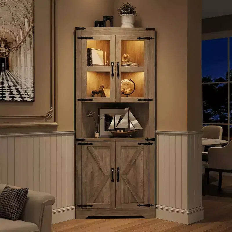 Armoire de rangement d'angle haute 67 po de style rustique avec portes vitrées, Meuble d'angle vitré pour cuisine, salon, salle de bain