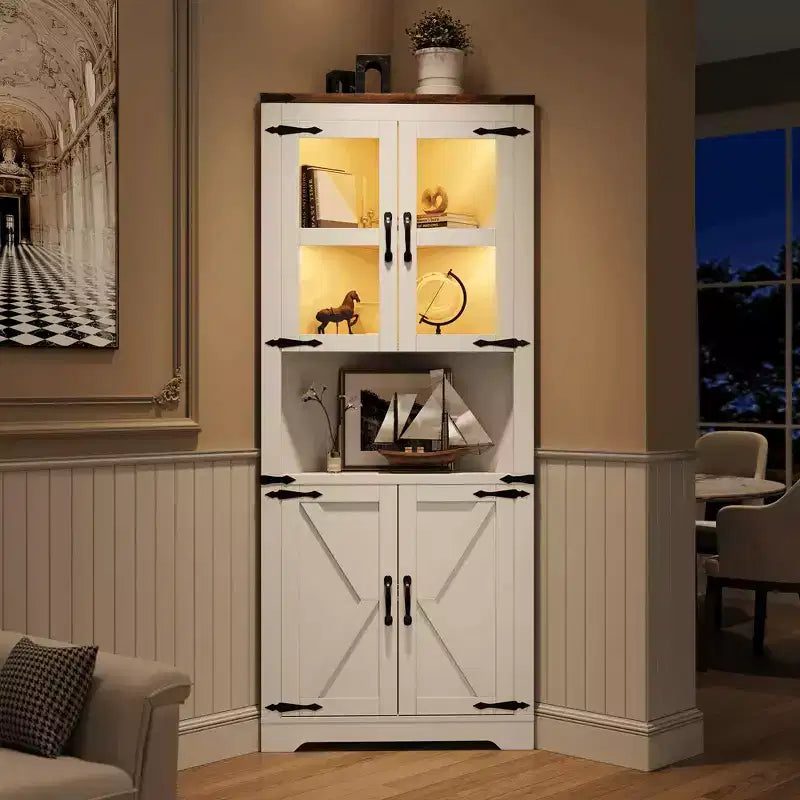 Armoire de rangement d'angle haute 67 po de style rustique avec portes vitrées, Meuble d'angle vitré pour cuisine, salon, salle de bain
