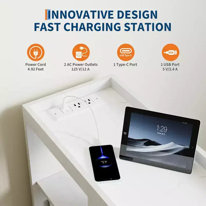 Table de chevet avec station de recharge, Table de nuit avec tiroir et étagère réglable, Table d'appoint avec 2 prises CA