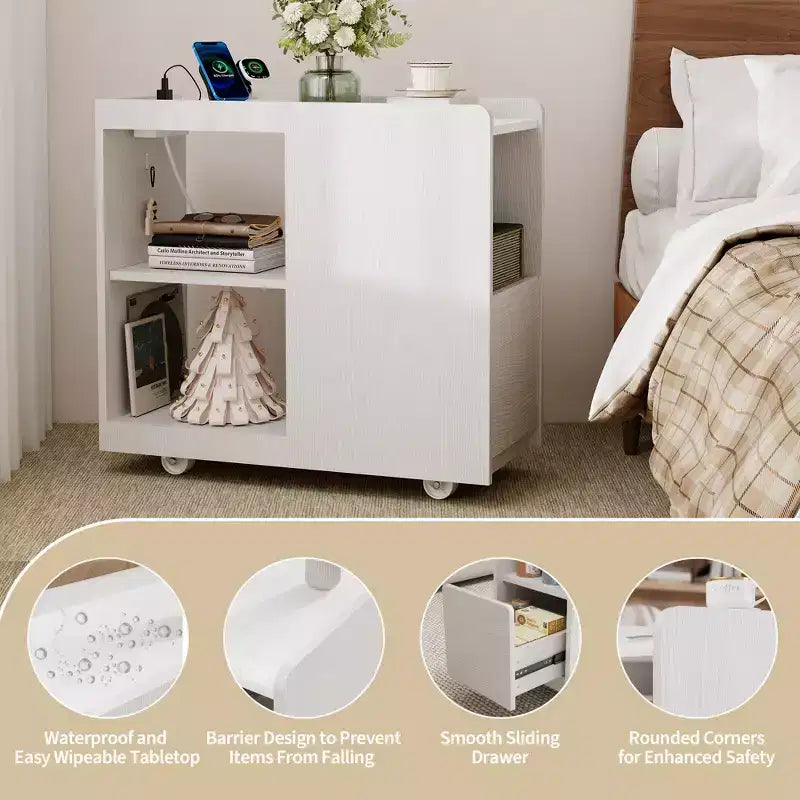 Table de chevet avec station de recharge, Table de nuit avec tiroir et étagère réglable, Table d'appoint avec 2 prises CA