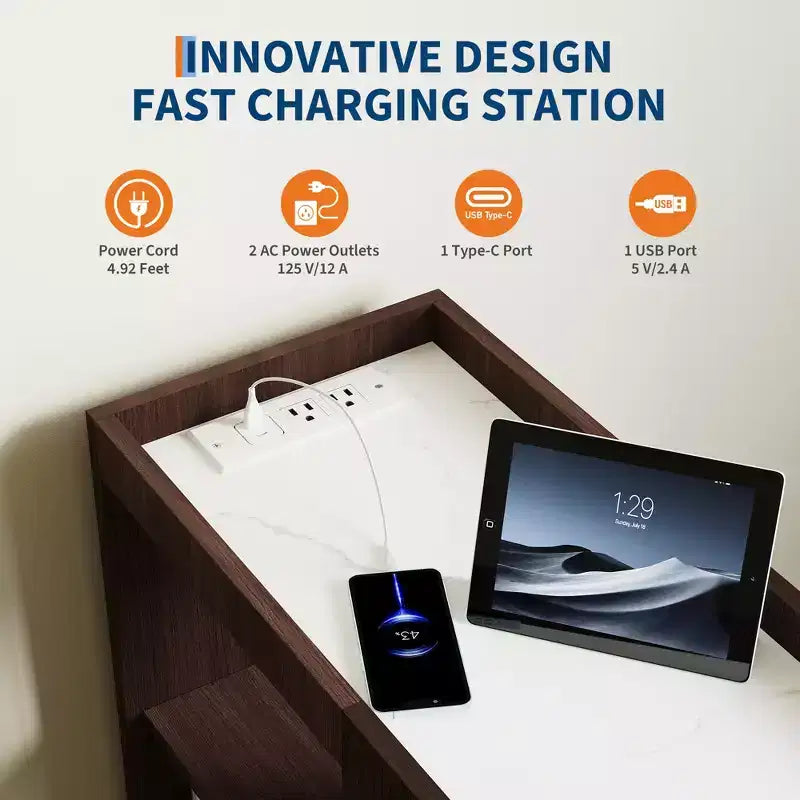 Table de chevet avec station de recharge, Table de nuit avec tiroir et étagère réglable, Table d'appoint avec 2 prises CA