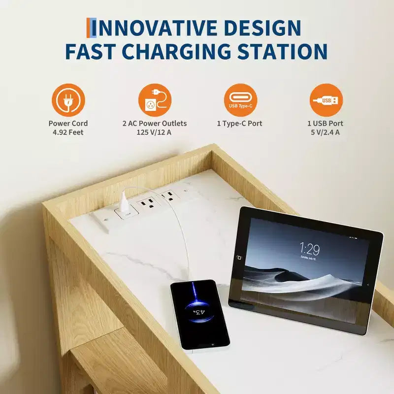 Table de chevet avec station de recharge, Table de nuit avec tiroir et étagère réglable, Table d'appoint avec 2 prises CA