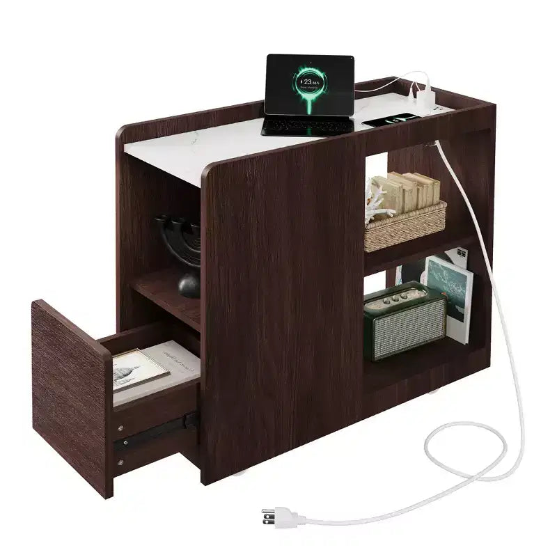 Table de chevet avec station de recharge, Table de nuit avec tiroir et étagère réglable, Table d'appoint avec 2 prises CA