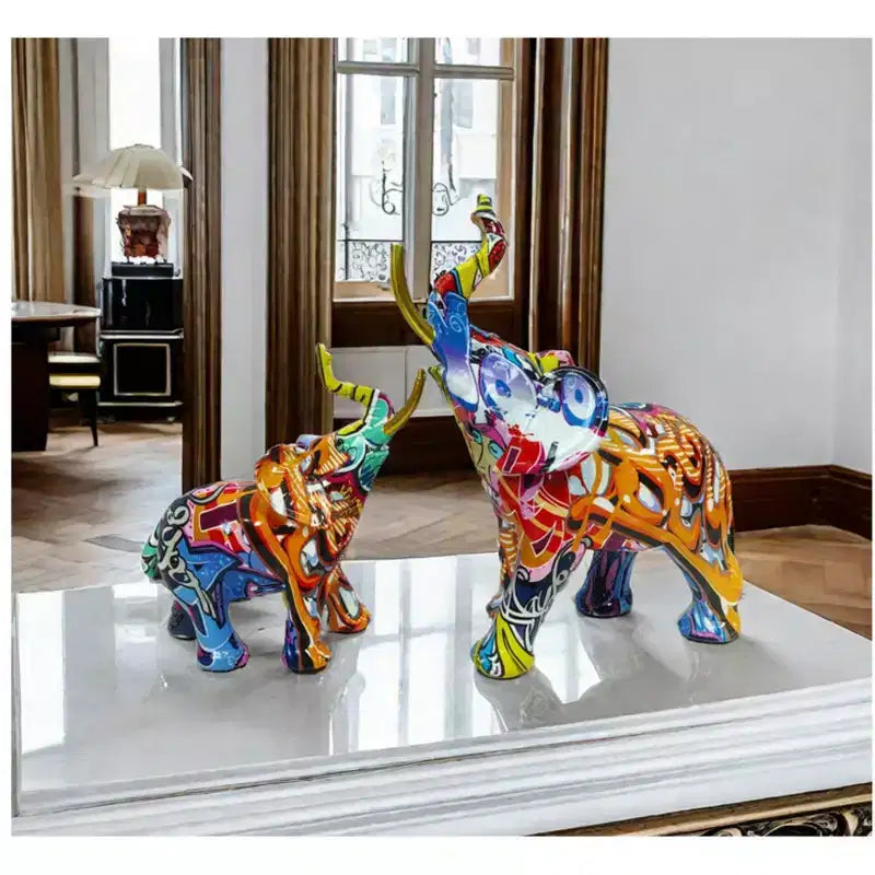 Figurine éléphant en résine colorée style graffiti - Décoration d'intérieur imprimée par transfert d'eau pour salon