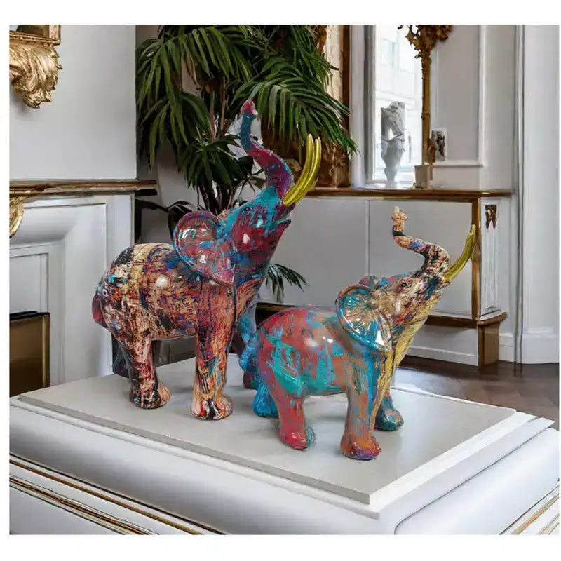 Figurine éléphant en résine colorée style graffiti - Décoration d'intérieur imprimée par transfert d'eau pour salon