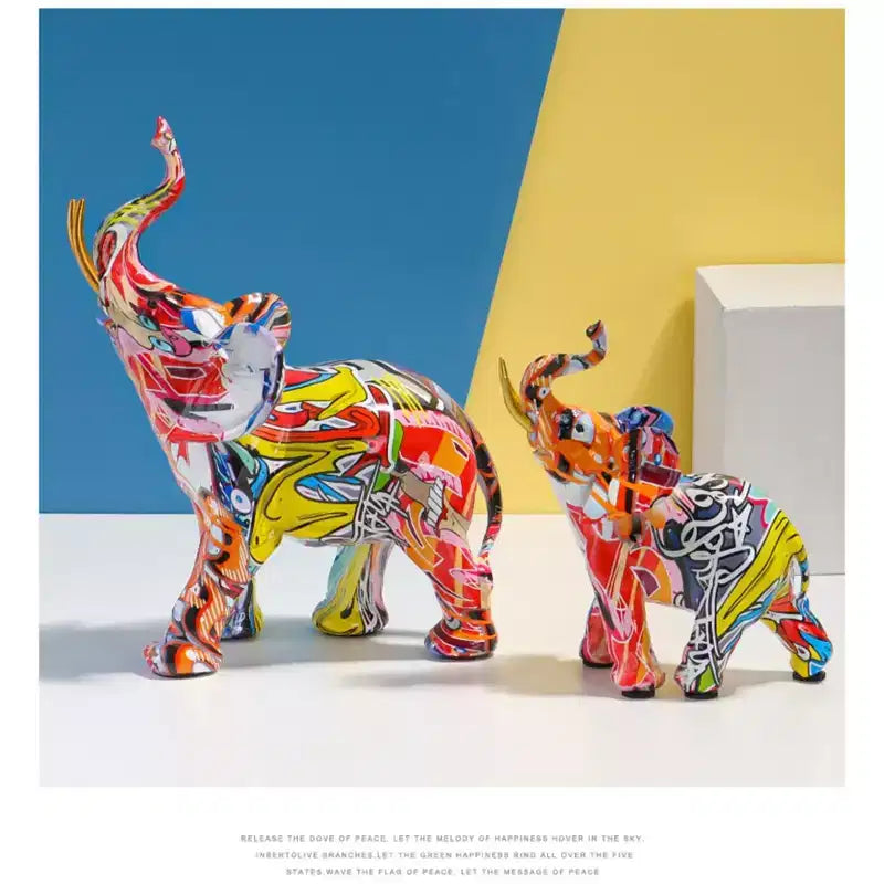 Figurine éléphant en résine colorée style graffiti - Décoration d'intérieur imprimée par transfert d'eau pour salon