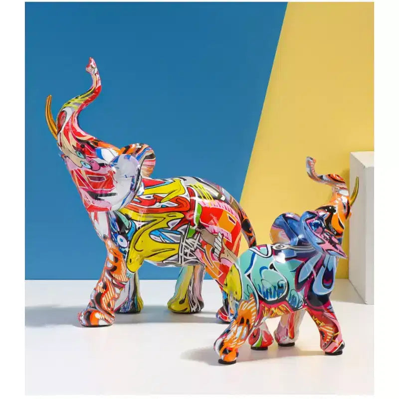 Figurine éléphant en résine colorée style graffiti - Décoration d'intérieur imprimée par transfert d'eau pour salon