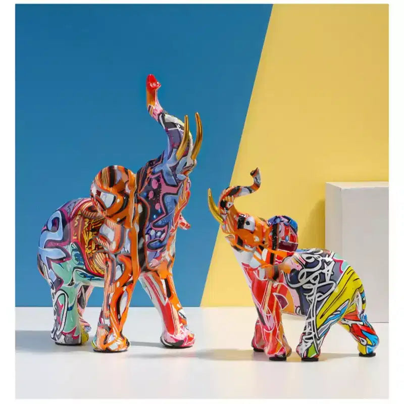 Figurine éléphant en résine colorée style graffiti - Décoration d'intérieur imprimée par transfert d'eau pour salon
