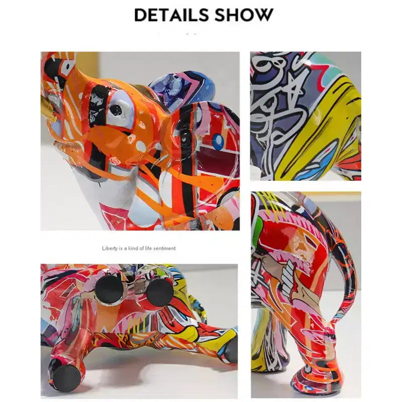 Figurine éléphant en résine colorée style graffiti - Décoration d'intérieur imprimée par transfert d'eau pour salon