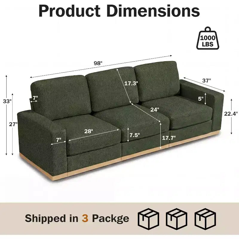 Canapé fixe de 100 pouces avec lattes en bois, tissu de coton, assise triple pour salons et appartements