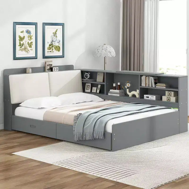 FAMYYT Full Size Platform Bed?With Storage Headboard, Shelves and 2 Drawers, Easy Assembly