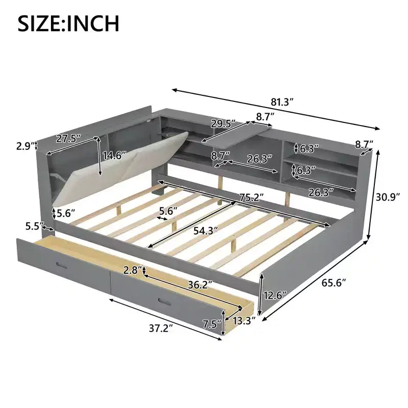 Lit plateforme pleine grandeur avec tête de lit de rangement, étagères et 2 tiroirs, assemblage facile