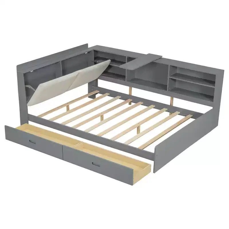 Lit plateforme pleine grandeur avec tête de lit de rangement, étagères et 2 tiroirs, assemblage facile